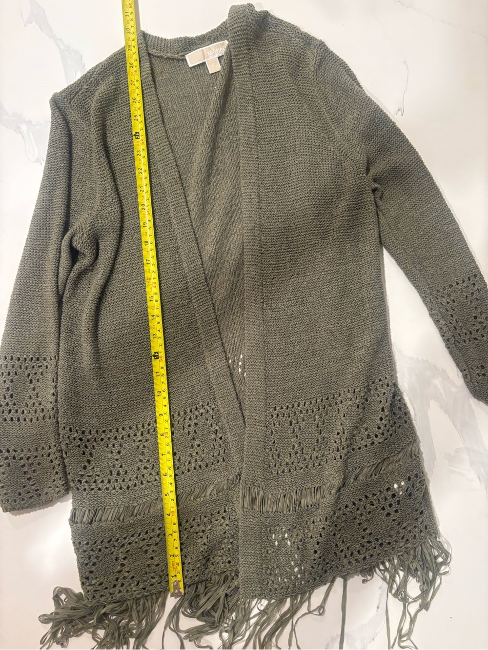 Michael Michael Kors Olive Fringe Open Knit Cardigan Sweater Medium Boho